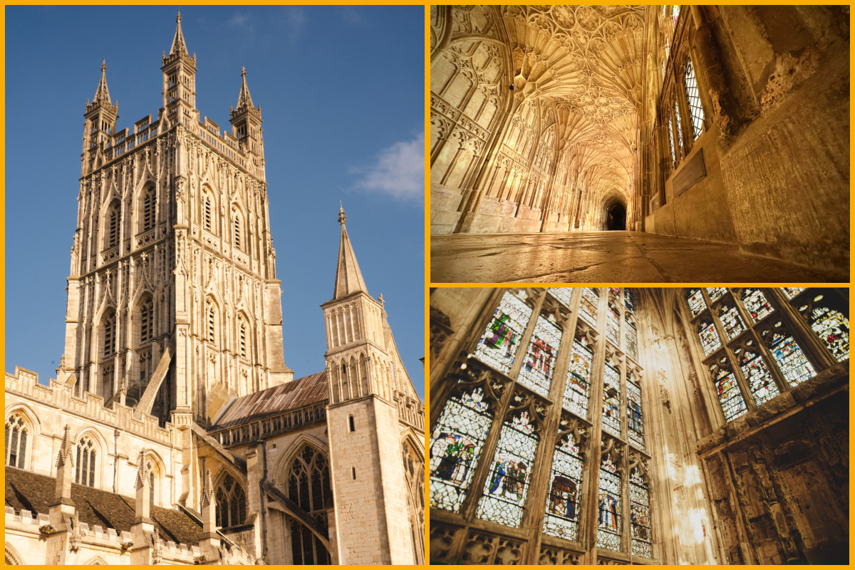 A collage of images of Gloucester Cathedral.